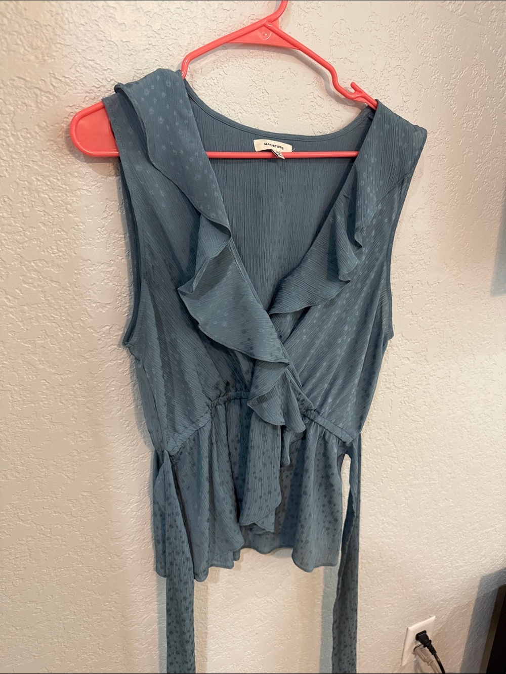 Max Studio Slate Blue Ruffled Sleeveless Wrap Blouse